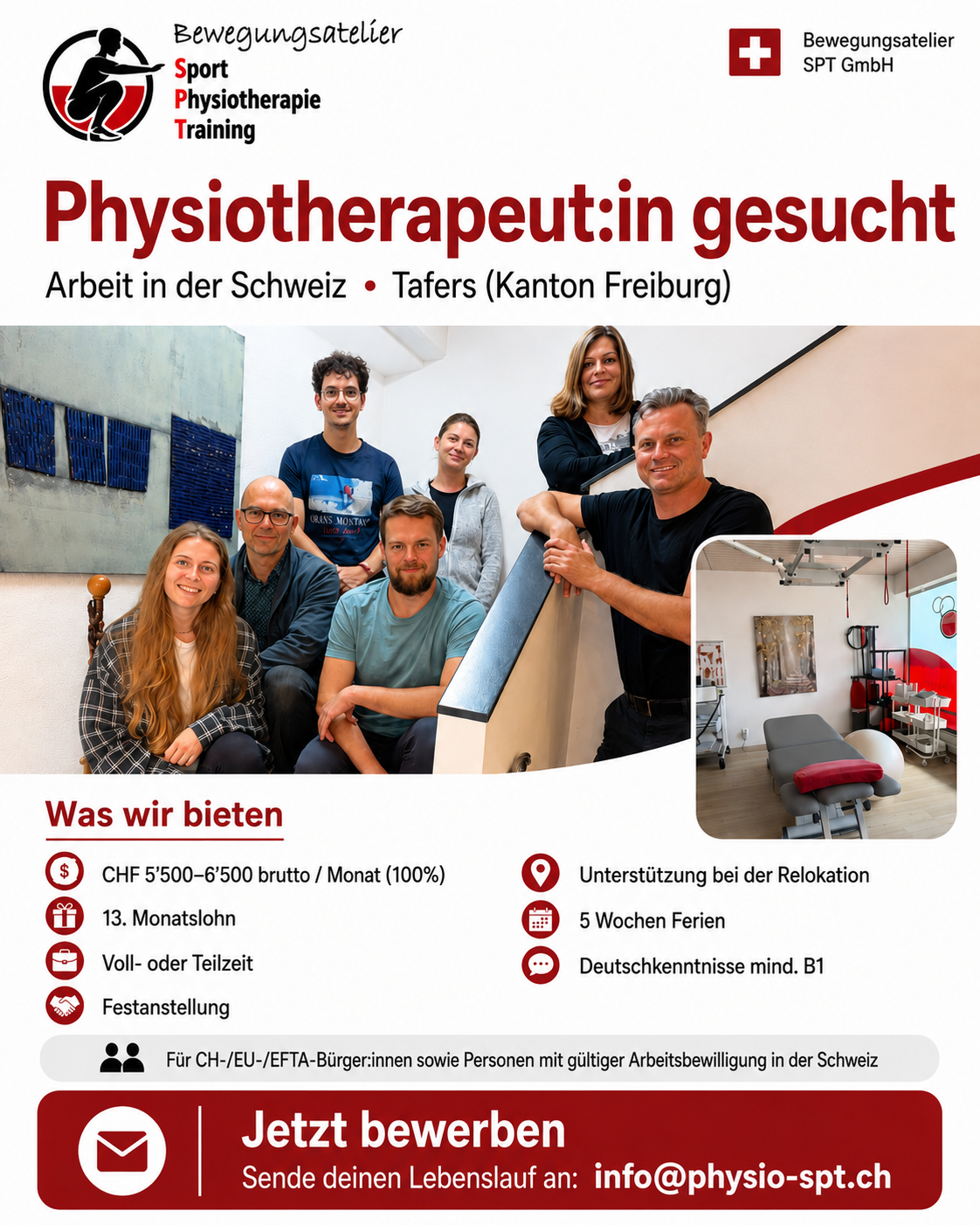 Stelleninserat: Physiotherapeutin oder Physiotherapeut im Bewegungsatelier SPT in Tafers gesucht